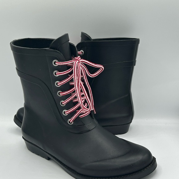 Black Women's J Crew Rain/Winter Boots with Red and White Laces. - Picture 3 of 10